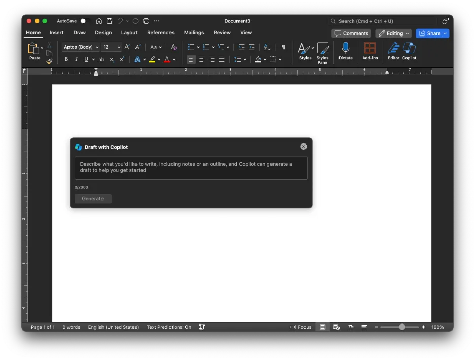 Microsoft Word with a Draft with Copilot dialog box prompting the user to describe what to write