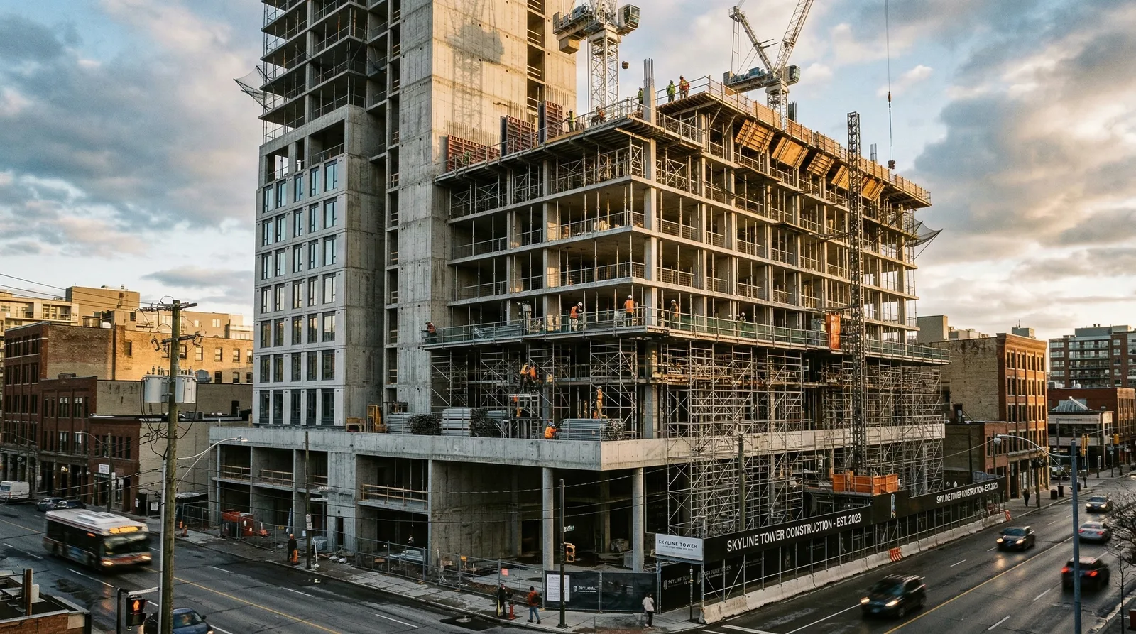 High-rise building under construction with scaffolding, cranes, and workers above a city street.