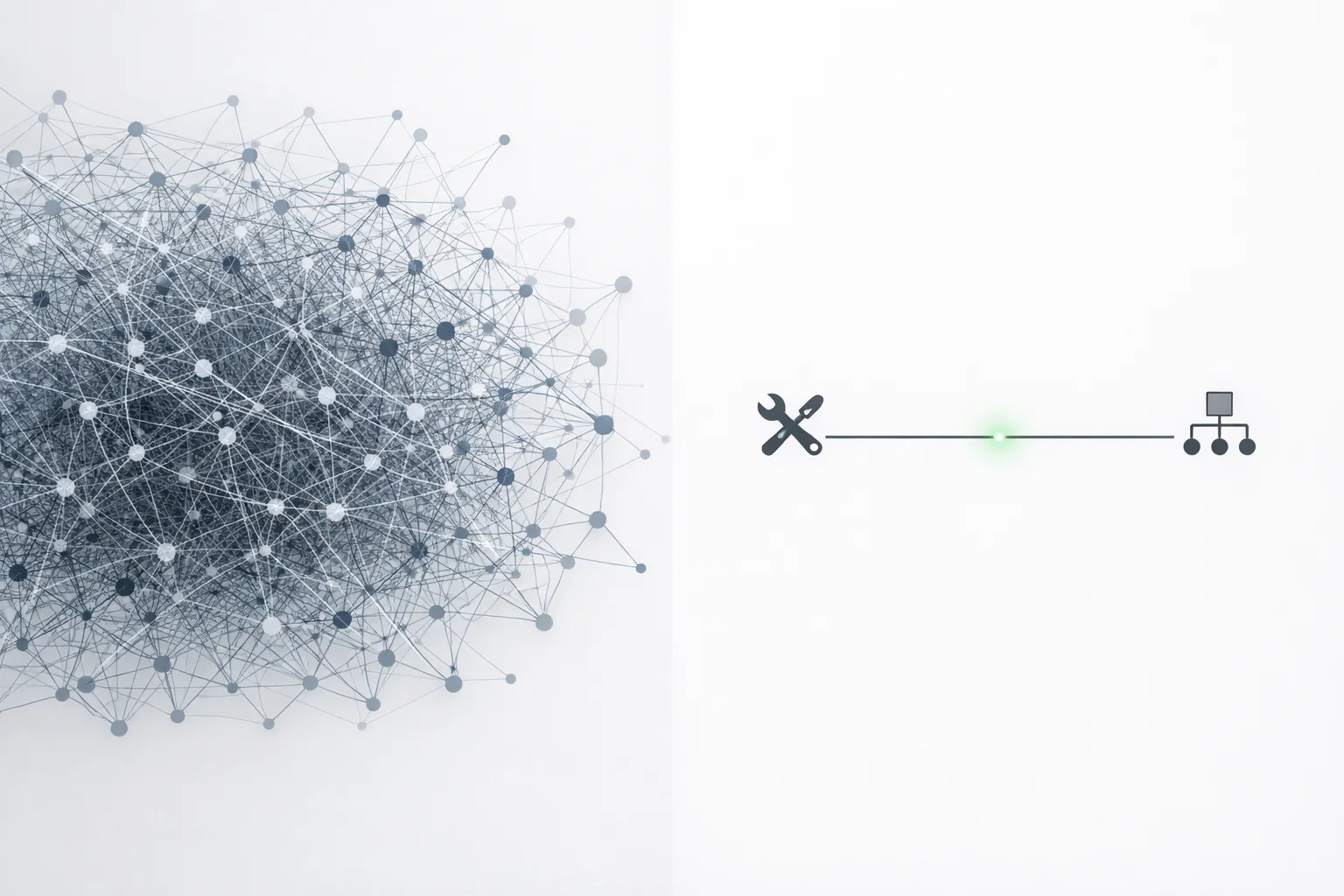 Tangled gray network of nodes beside a simple line linking tools to a structured diagram.