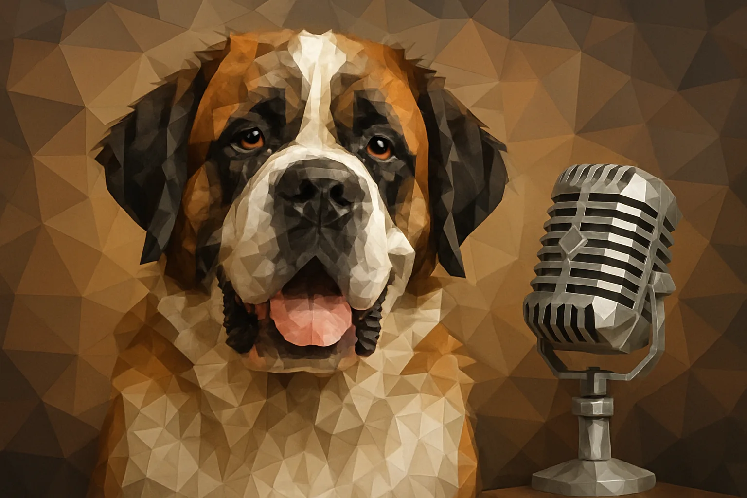 Low-poly illustration of a Saint Bernard dog beside a silver vintage microphone.