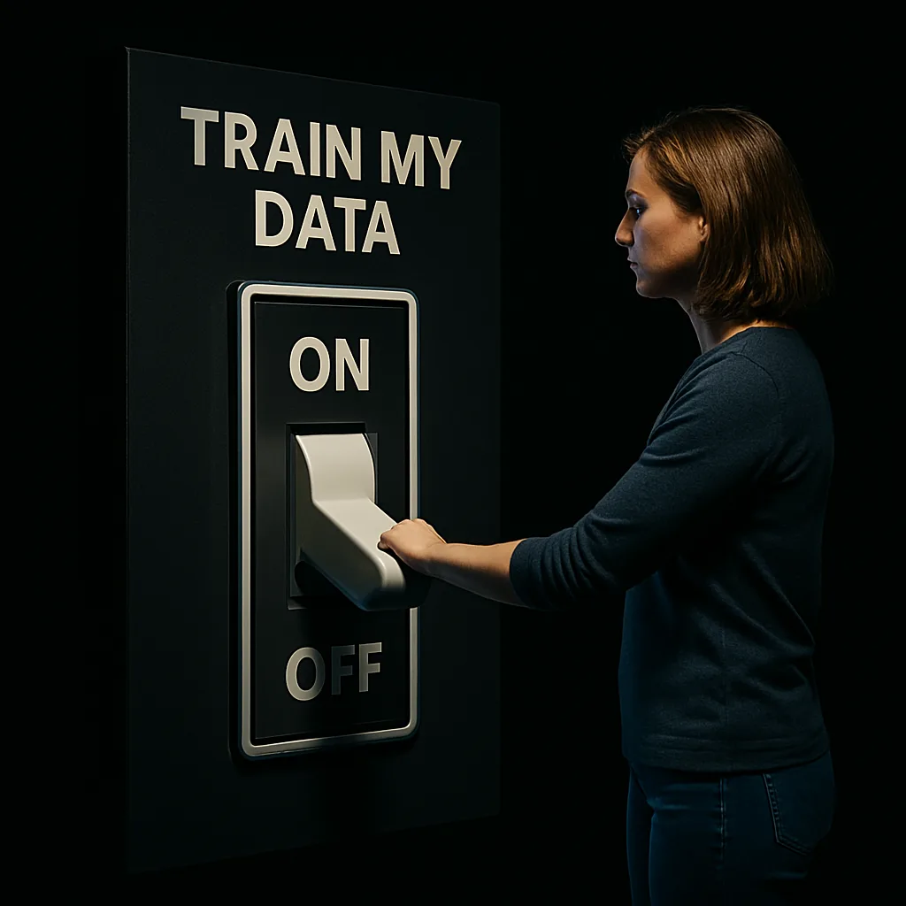 Woman pulling a giant ON OFF switch labeled TRAIN MY DATA against a black background.
