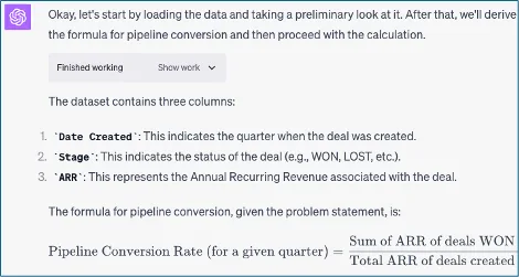 ChatGPT explaining pipeline conversion formula, ARR of WON deals divided by total ARR created
