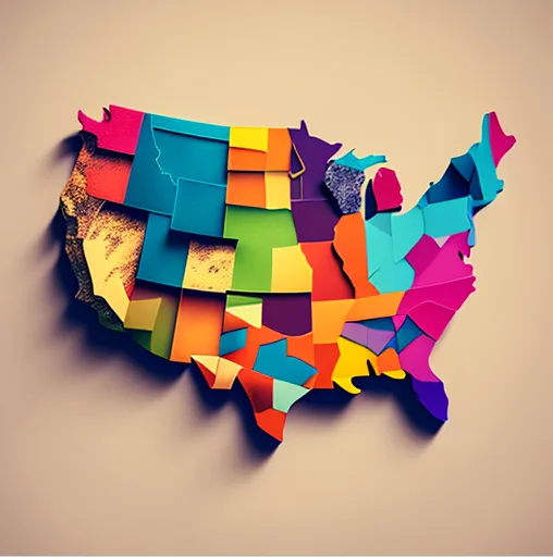 Stylized paper-cut map of the United States with brightly colored states