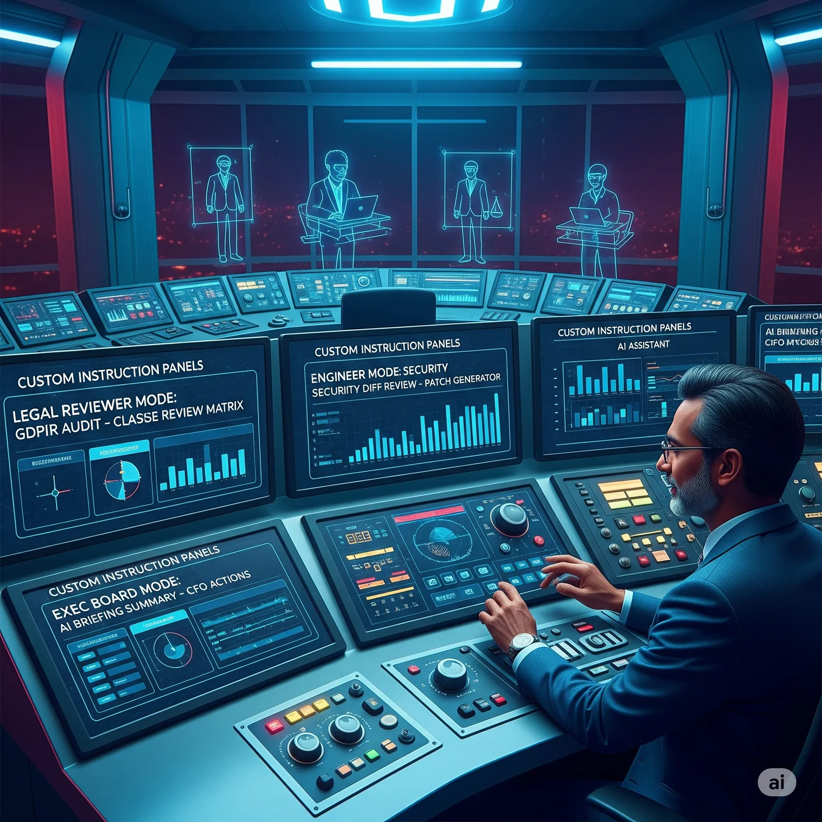 Illustration of a person at a futuristic control room with screens labeled custom instruction panels and modes.