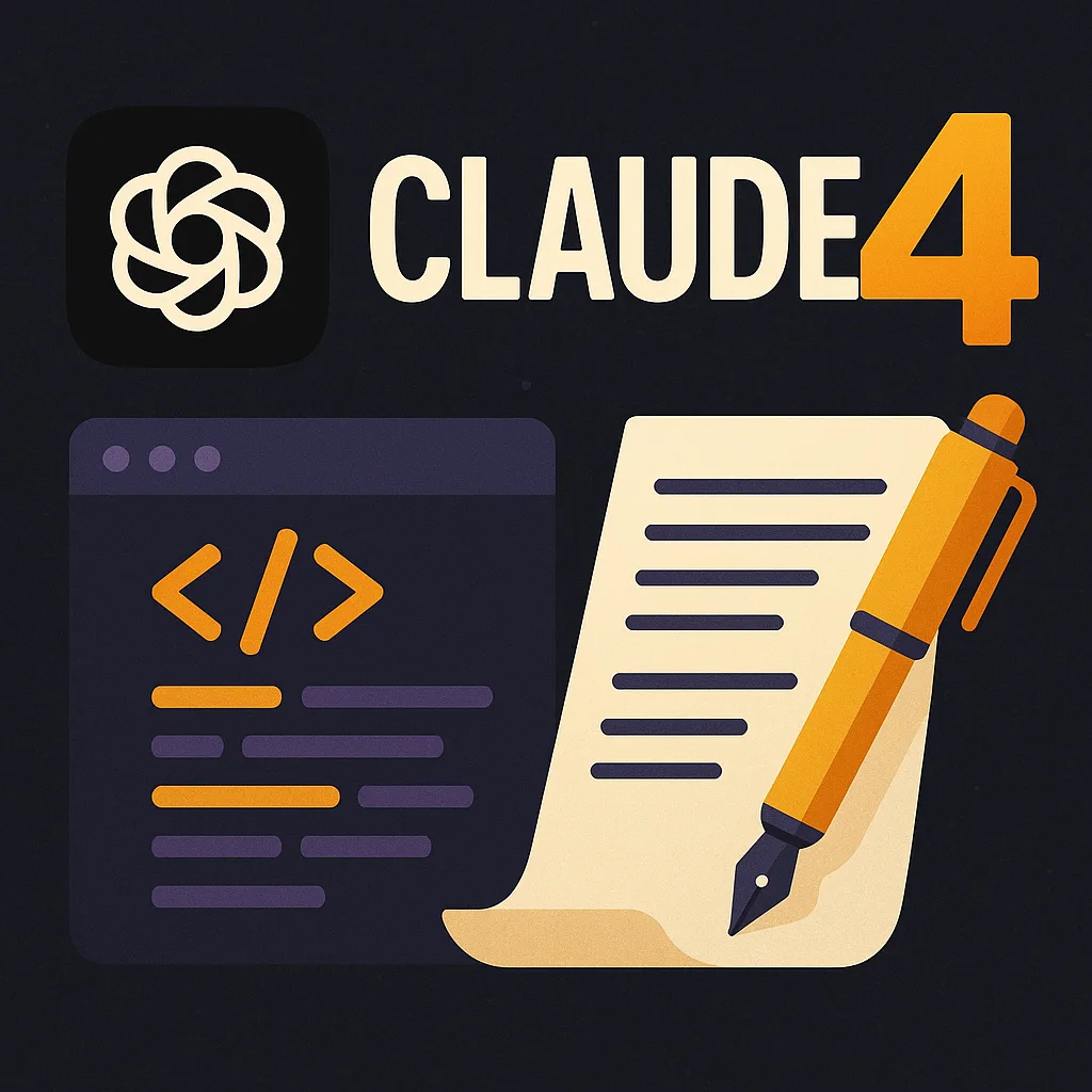 Dark graphic reading Claude 4 with a logo, a code window, and a document with an orange pen.