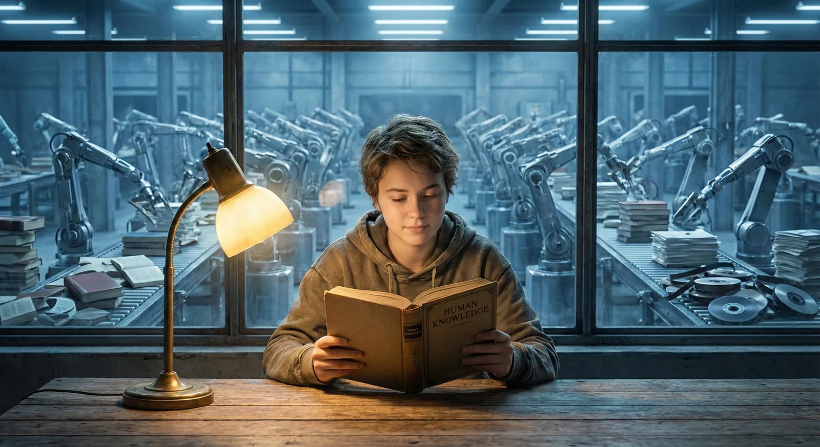 Young person reading old book under desk lamp, blurred robotic arms behind windows in dim industrial setting
