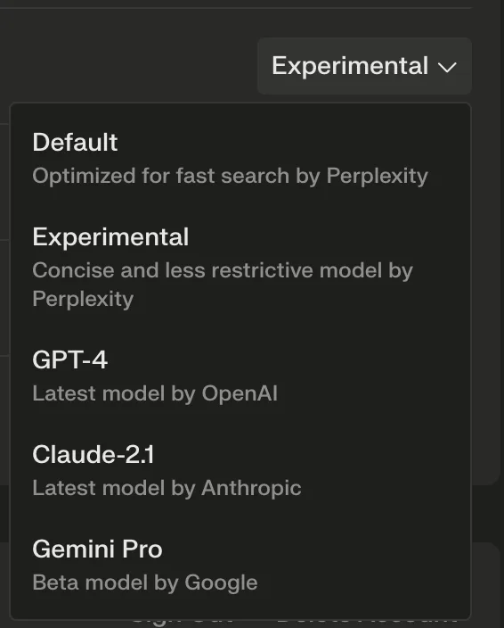 Model selector menu listing Default, Experimental, GPT-4, Claude-2.1, and Gemini Pro options