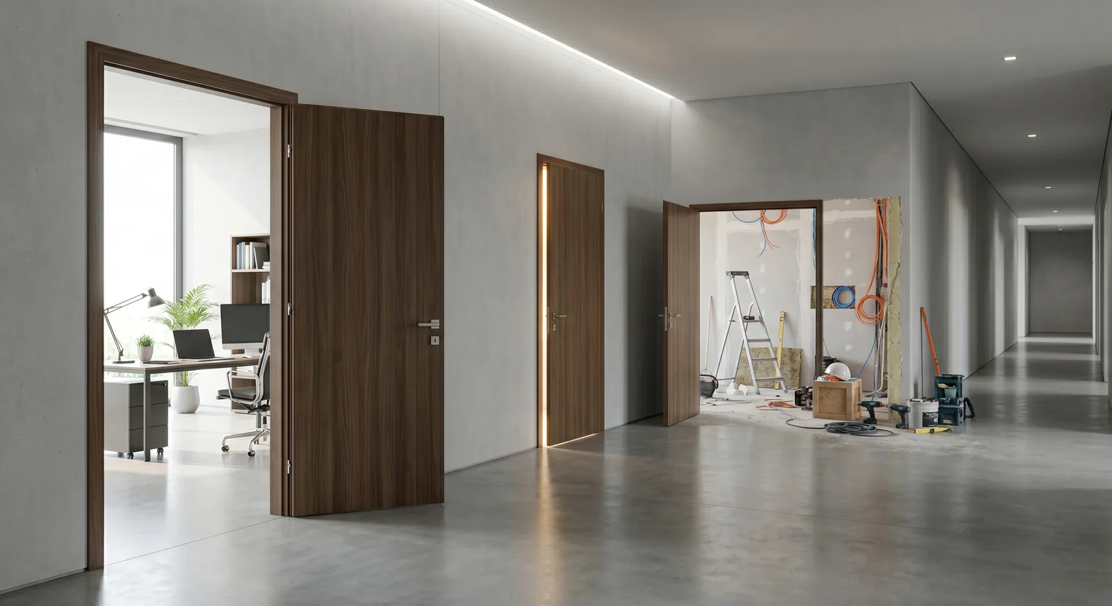 Modern hallway with wooden doors opening to an office, a lit room, and a renovation site.