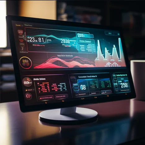 Illustrated computer monitor displaying a glowing business analytics dashboard