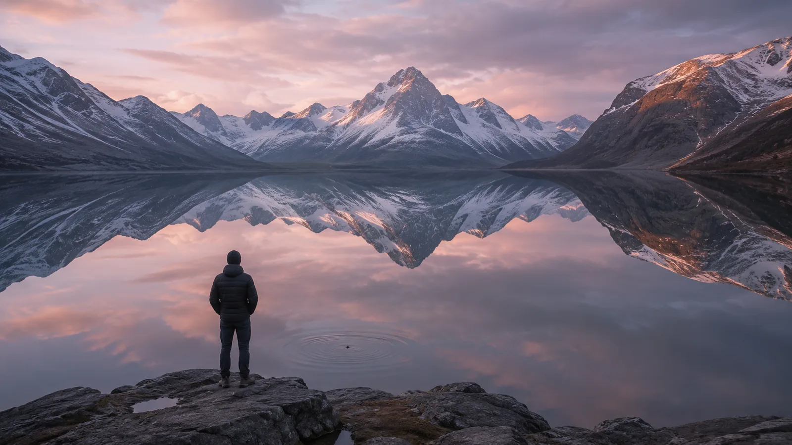 A lone person on a rocky shore looking out at snow-capped mountains mirrored in a still lake at dawn.