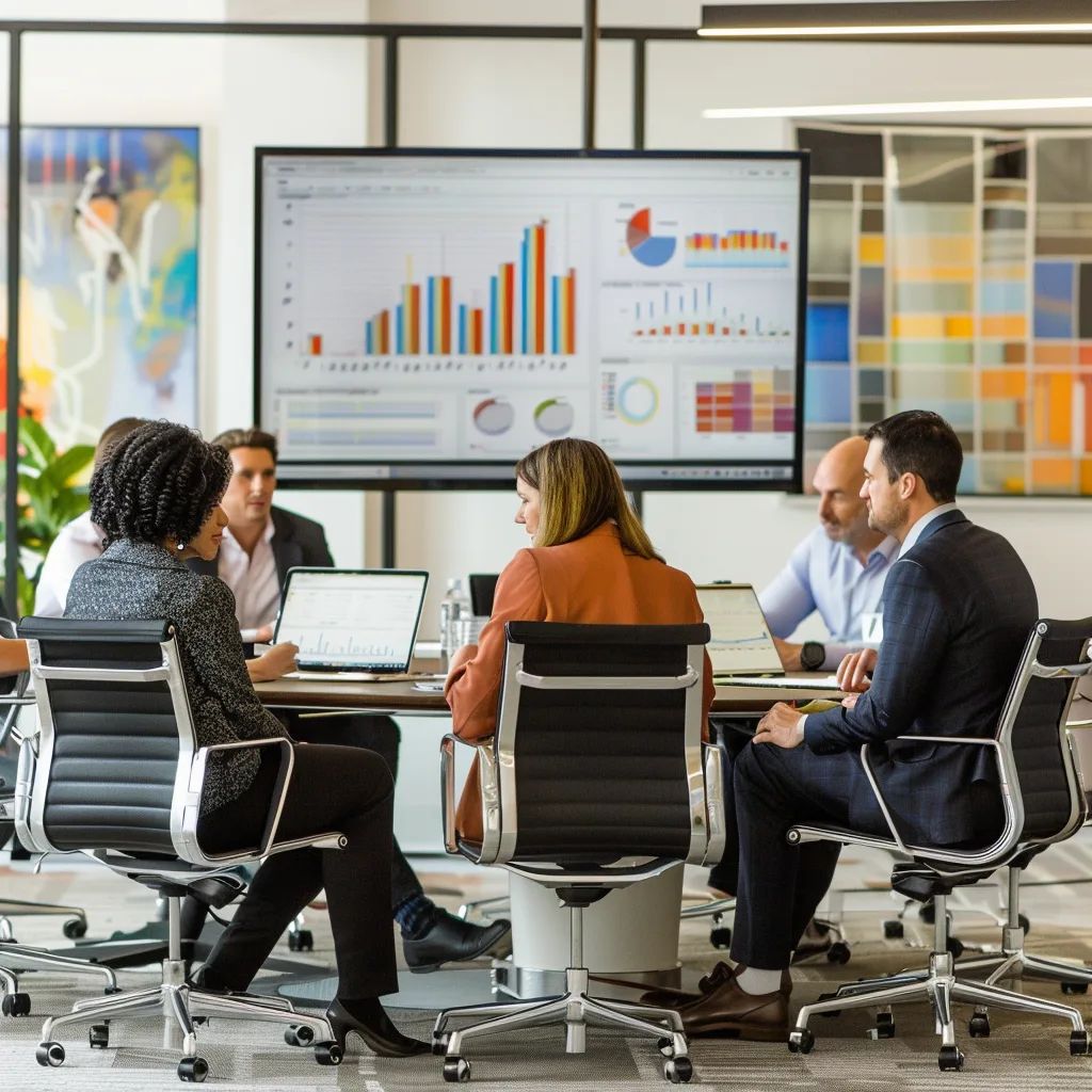 Business people meet at a conference table before a wall screen showing colorful charts and graphs.