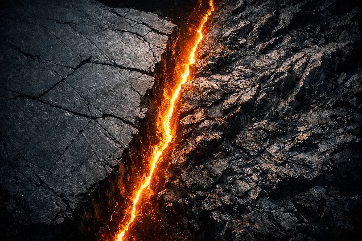 Molten orange lava glowing in a deep crack splitting dark gray cracked rock.