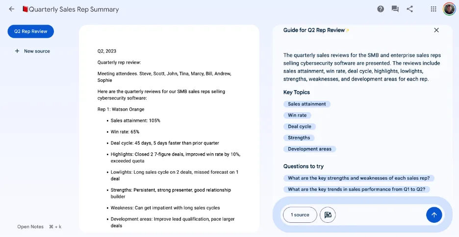 NotebookLM Q2 Rep Review with a generated guide listing key topics and suggested questions