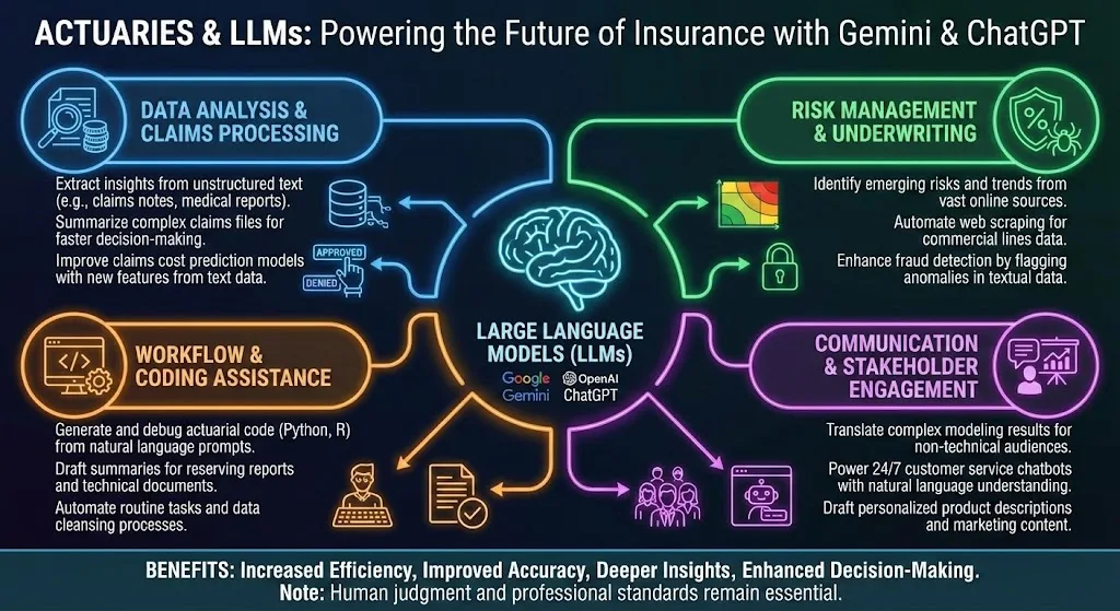 Diagram of LLM uses in insurance: claims, underwriting, coding, and stakeholder communication around a brain icon.