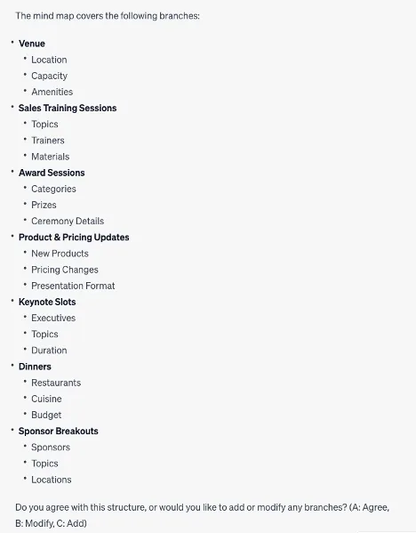 Outlined list of sales kickoff mind map branches with sub-items, ending with an agree, modify, or add prompt.