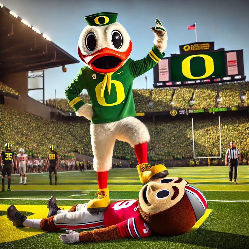 Oregon Duck mascot standing over a fallen rival mascot on a football field stadium.