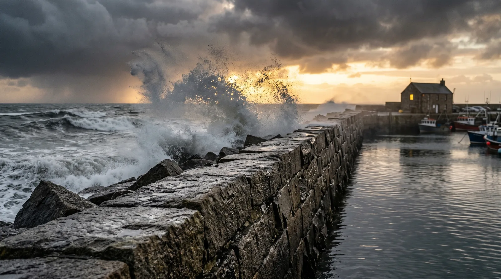 Waves crash against a stone harbor breakwater under a stormy golden sunset sky.