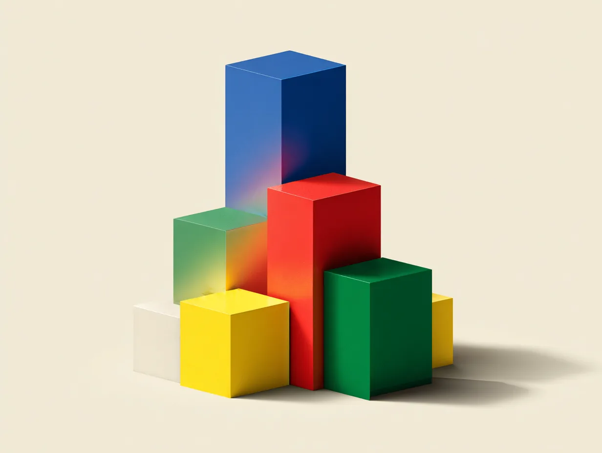 Stacked 3D blocks in blue, red, green, yellow, white forming an uneven bar chart on cream background