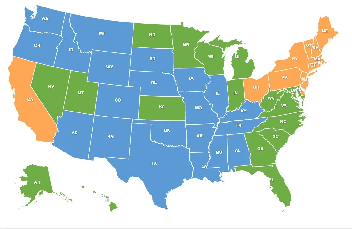Map of the United States with states shaded blue, green, and orange to show sales territory groupings.