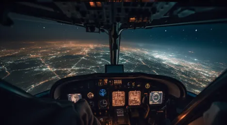 View from a helicopter cockpit at night over a brightly lit city below.