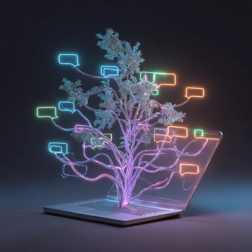 Glowing neon tree growing from a laptop, branches ending in colorful chat speech bubbles.