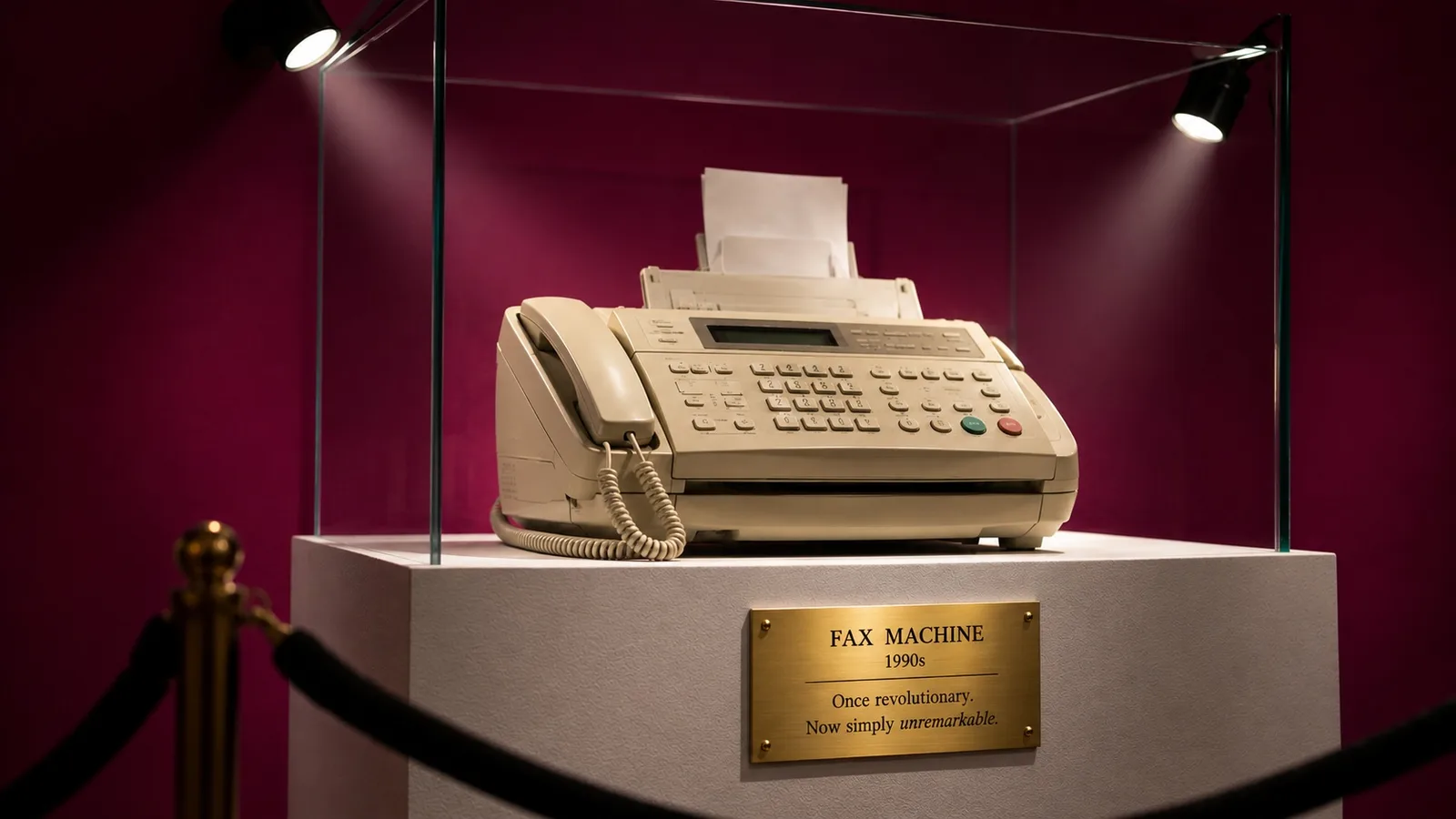 A beige 1990s fax machine displayed in a glass museum case on a white plinth behind a velvet rope, lit by two spotlights with a sheet of paper still feeding from the top. The brass plaque reads: Fax Machine, 1990s. Once revolutionary. Now simply unremarkable.