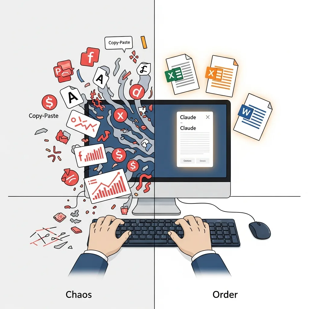 Split illustration, chaotic red icons left labeled Chaos, tidy Claude window and Office files right labeled Order