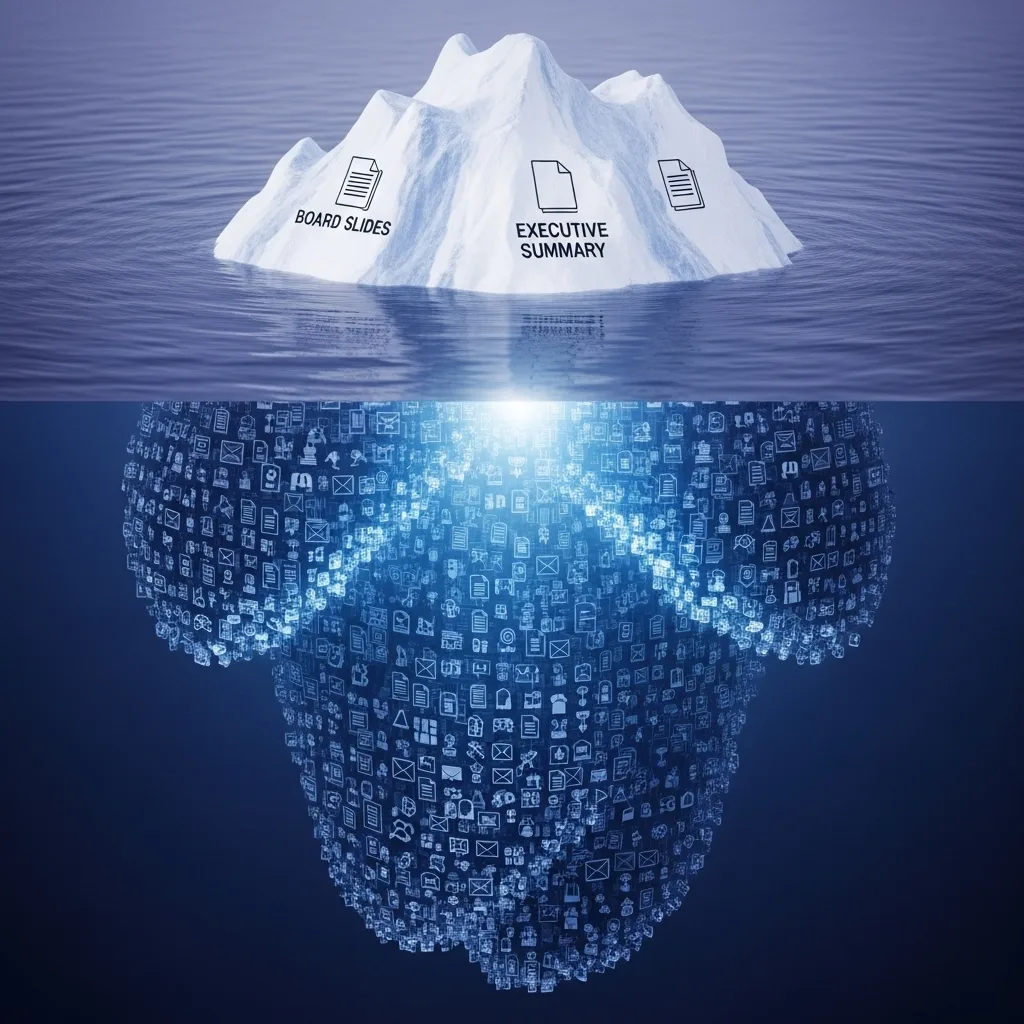Iceberg with Board Slides and Executive Summary above water, dense data icons submerged below
