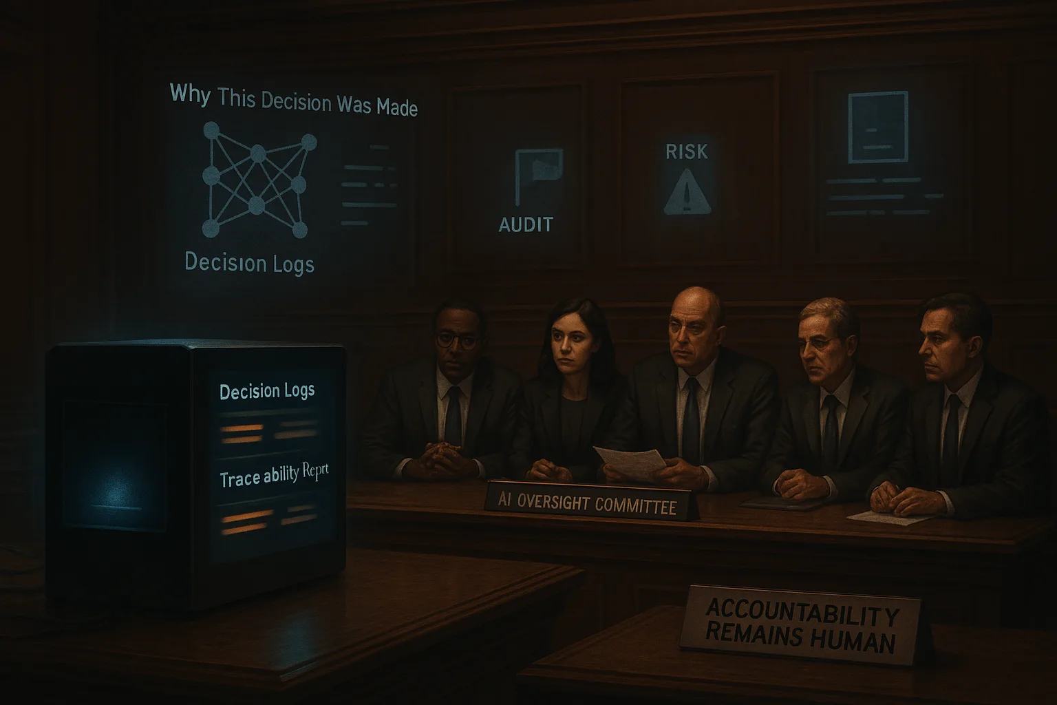 Five people seated at an AI Oversight Committee table with decision logs and an Accountability Remains Human placard.
