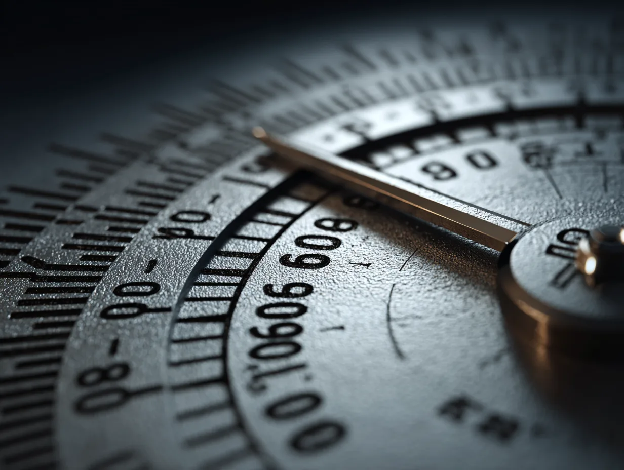 Close-up of a measuring gauge dial with numbered scales and a gold pointer in dim light.