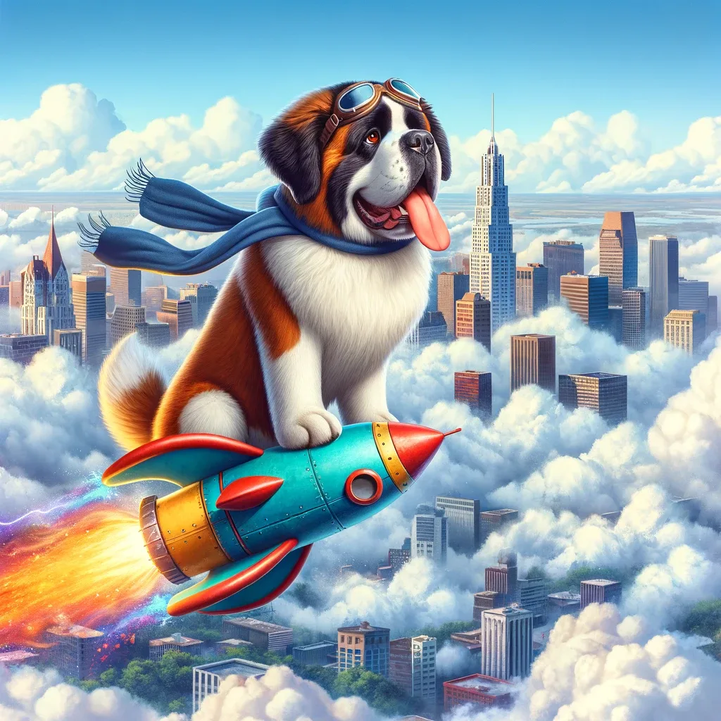 Cartoon of a goggled Saint Bernard riding a rocket above a cloudy city skyline.