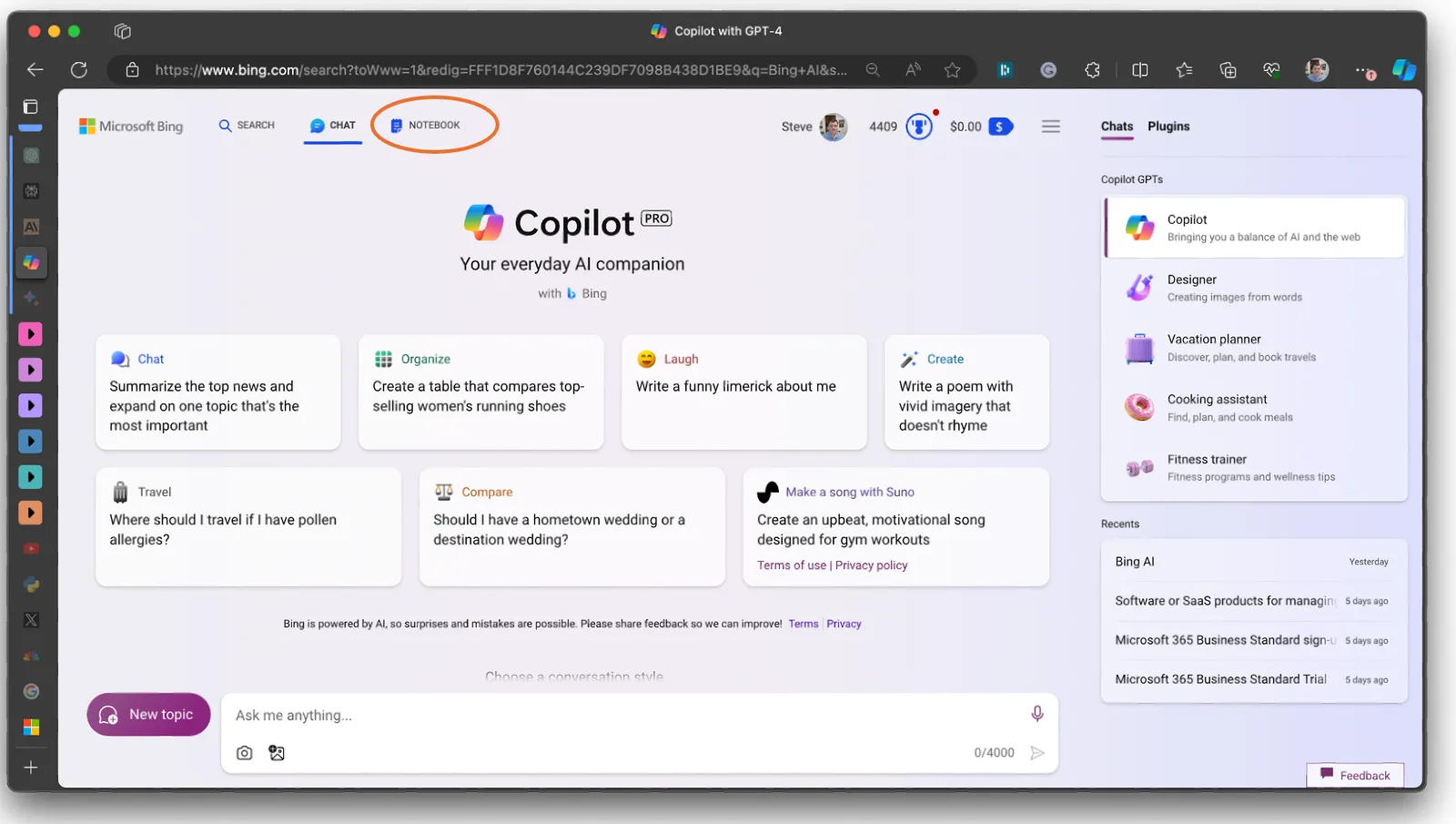 Microsoft Bing Copilot home page with the Notebook tab circled and example prompt cards