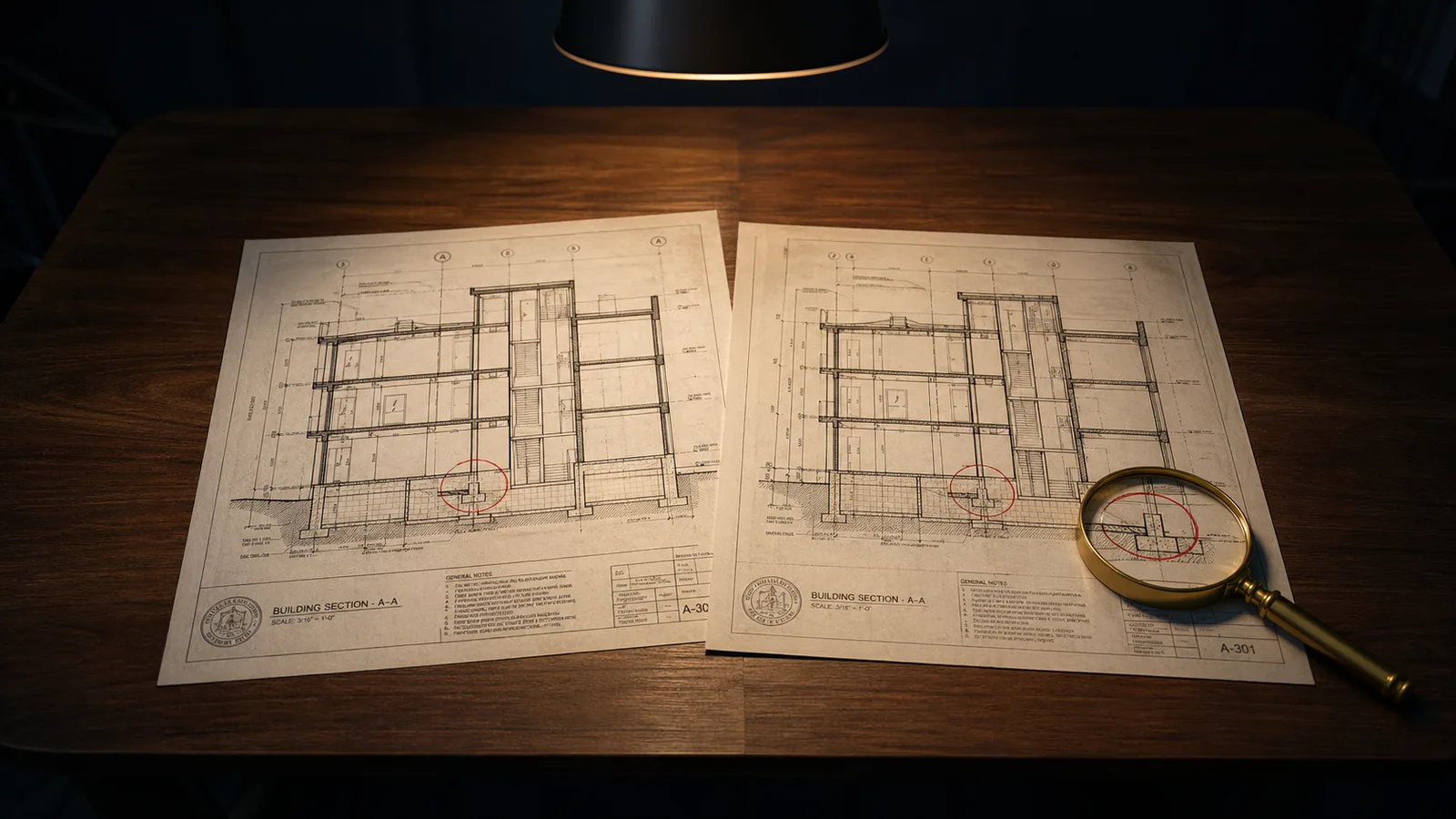 Two architectural building section blueprints on a desk, one with a magnifying glass and red circle.