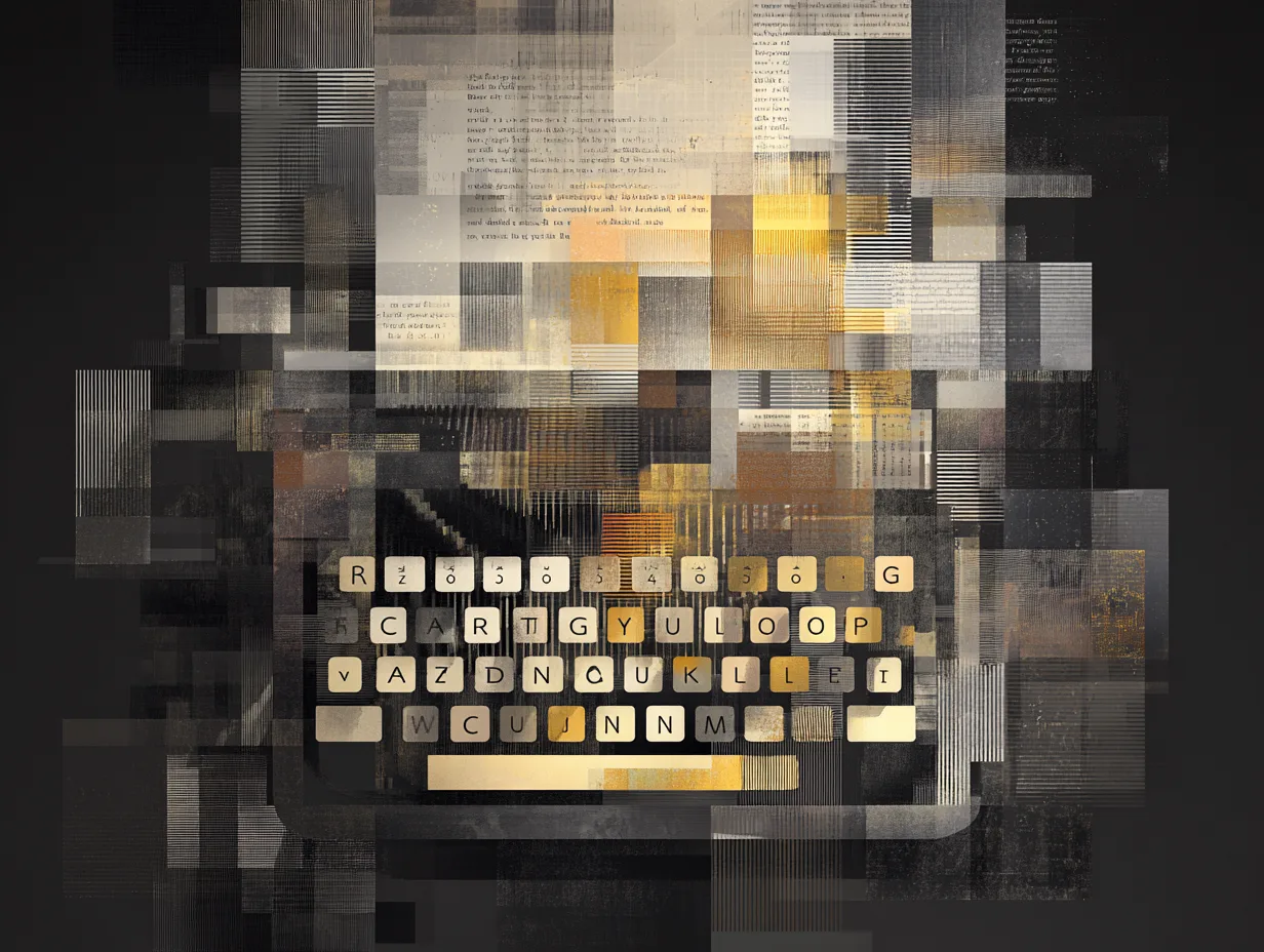 Abstract collage of typewriter keys and fragmented text on black, gray, and gold layered background
