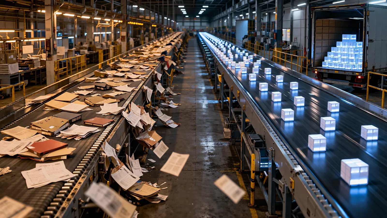 Warehouse with one conveyor full of scattered papers and another carrying neat glowing boxes.