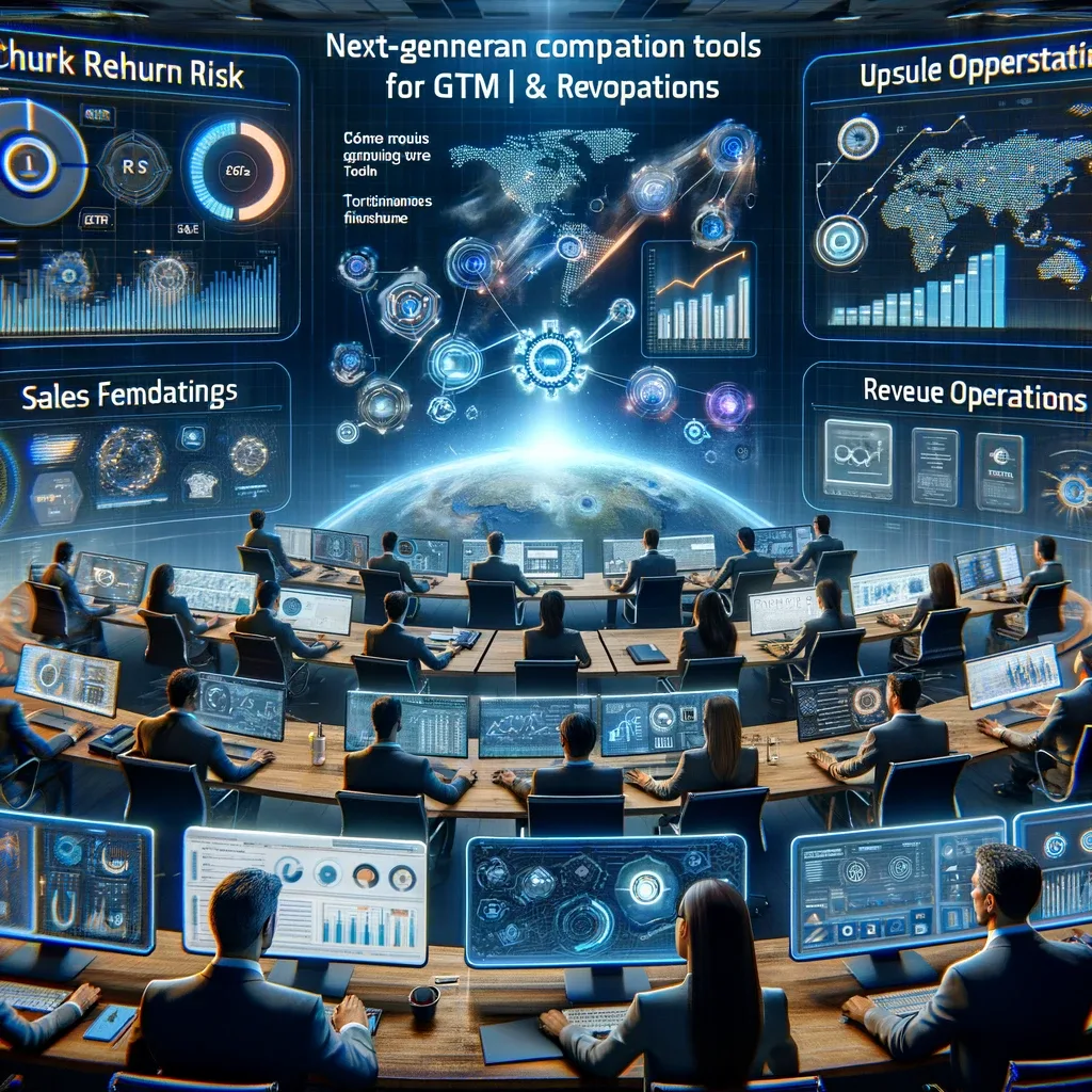 Team at screens showing GTM and revenue operations tools, churn risk and sales dashboards
