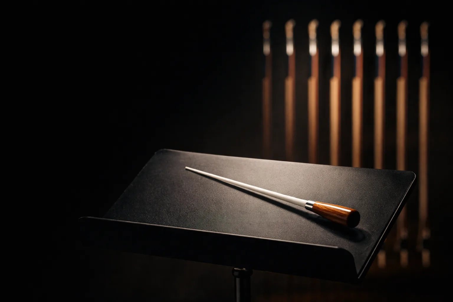 A conductor's baton resting on a black music stand, with rows of upright batons glowing in the dark background.