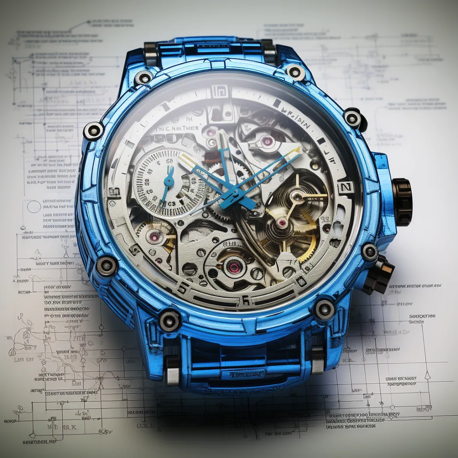 Blue skeleton wristwatch showing exposed mechanical gears, resting on technical drawings.