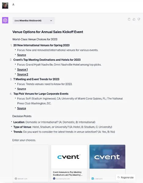 ChatGPT screenshot listing venue options and decision points for an annual sales kickoff event