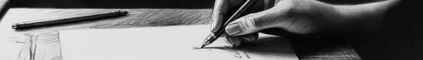 Black and white close-up of a hand writing on paper with a pen, second pen nearby.