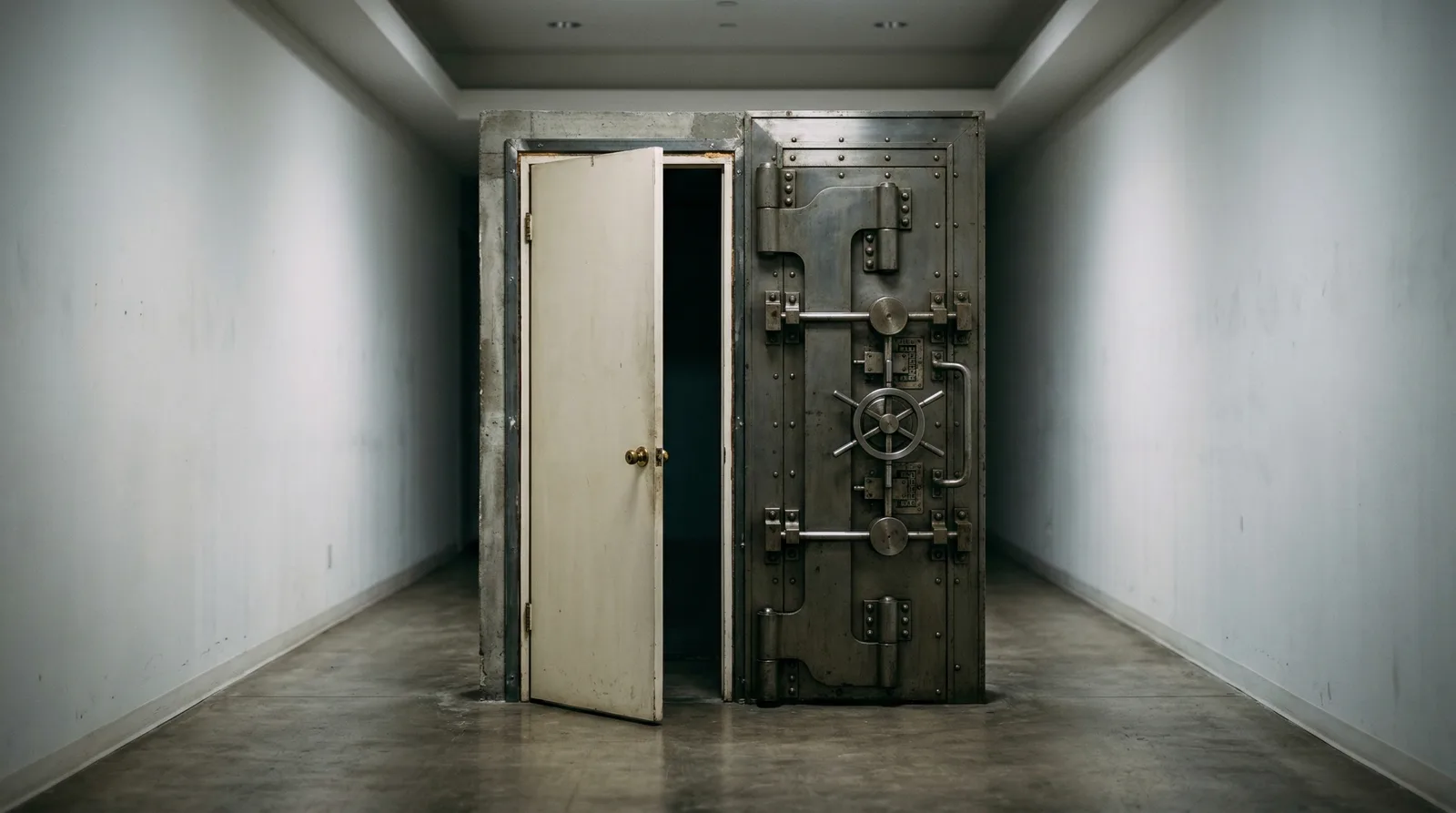 Open bank vault door beside an ordinary white wooden door in a bare concrete room.