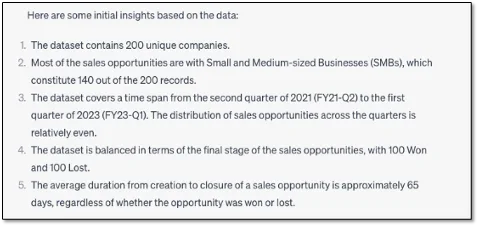 ChatGPT insights noting 200 companies, 140 SMB records, and roughly 65 day deal duration