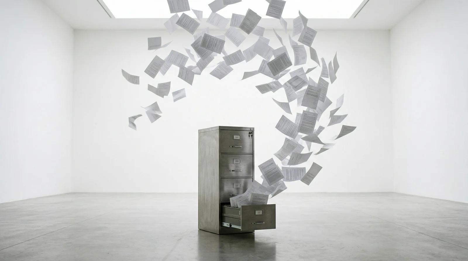 Documents flying out of an open metal filing cabinet drawer in a bare white room.
