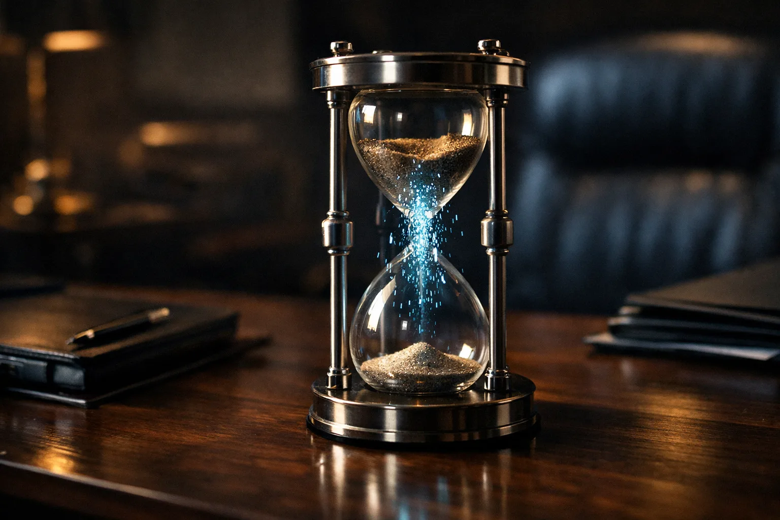 Metal hourglass with falling sand glowing blue and gold on a dark polished desk.