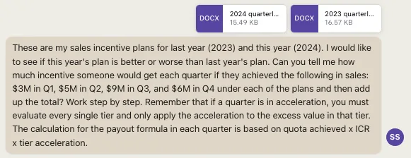 Chat message with two attached DOCX plans asking to compare 2023 and 2024 incentive payouts step by step.