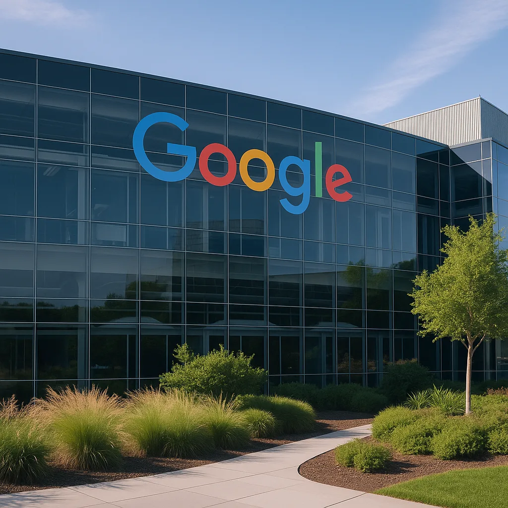 Google logo on the glass facade of a modern office building with landscaping under blue sky.