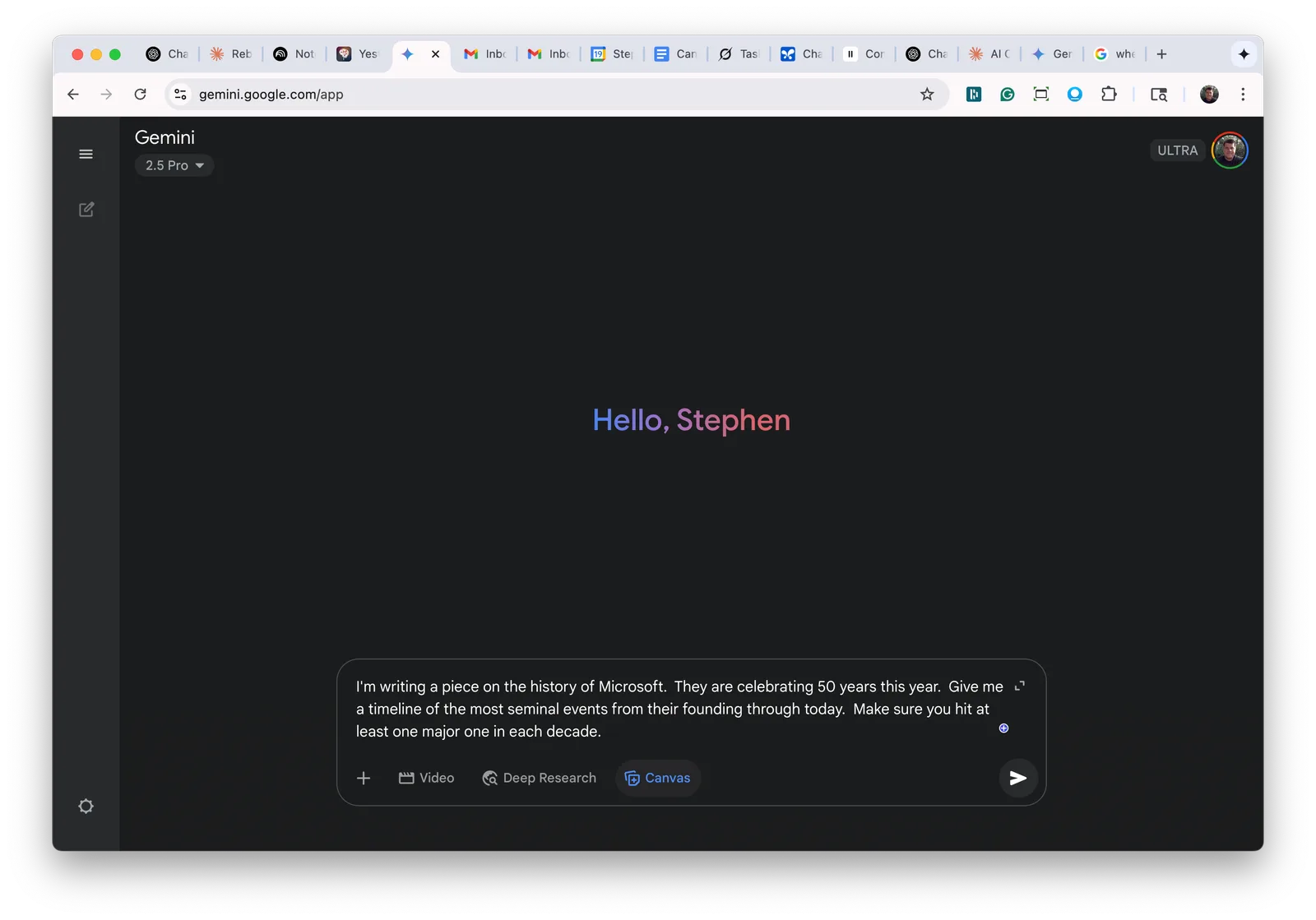 Gemini 2.5 Pro start screen reading Hello, Stephen with a prompt about Microsoft history and Canvas selected.