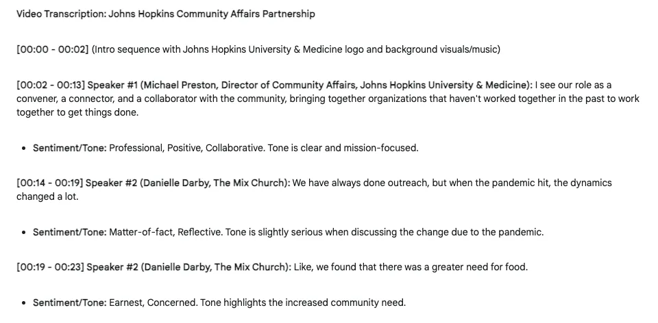 Video transcription of a Johns Hopkins community affairs partnership with timestamps, speakers, and sentiment notes.