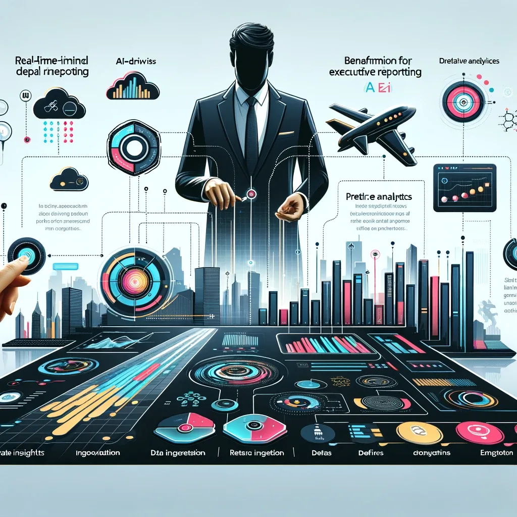 Illustration of a businessman at a digital dashboard labeled real-time reporting, AI, and predictive analytics.