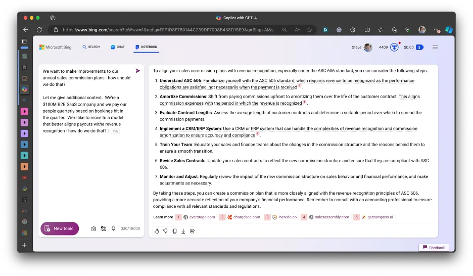 Bing Copilot Notebook response on aligning sales commission plans with ASC 606 revenue recognition